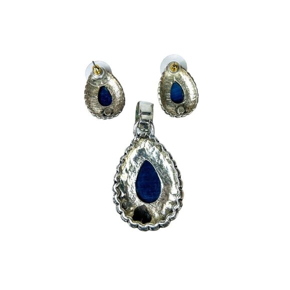 Silver tone & Blue Imitation Cats Eye Teardrop Scalloped Pendant & Earring Set - Picture 3 of 3